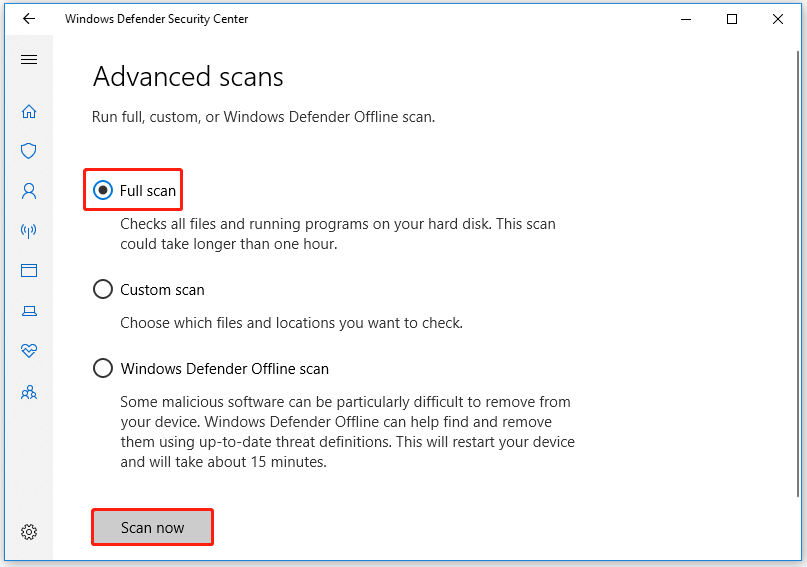 select Full scan in Windows Security