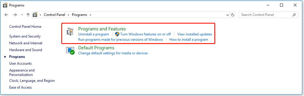 choose Programs and Features