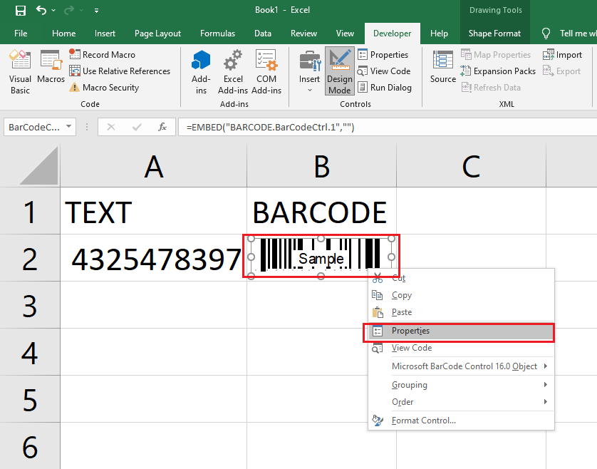 click Properties from the dropdown menu of the barcode sample