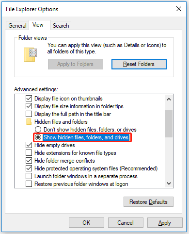 select the Show hidden files, folders, and drives