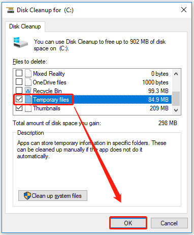 check the box next to Temporary files