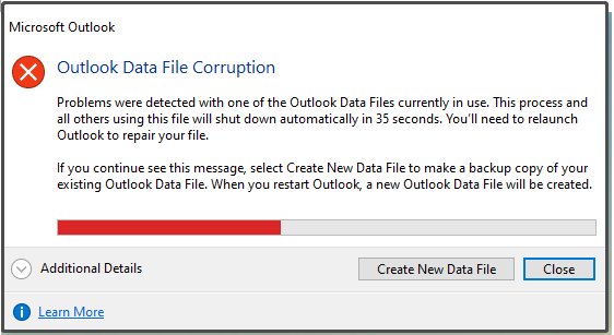 outlook data file corruption problems were detected
