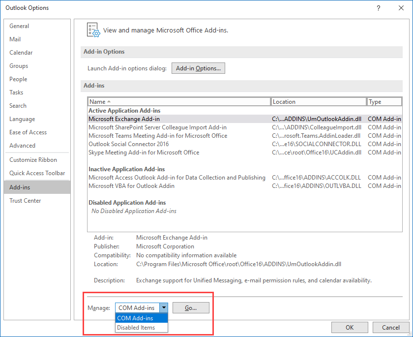 disable COM add ins