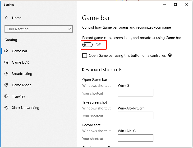 toggle Record game clips, screenshots, and broadcast using Game bar off
