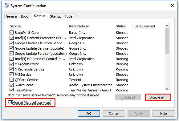 check Hide all Microsoft services