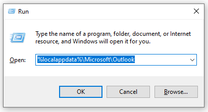 open the Outlook folder via the Windows Run box