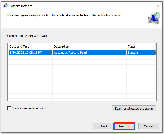 select a system restore point