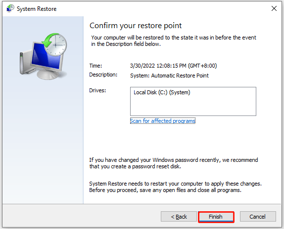 confirm the restore point