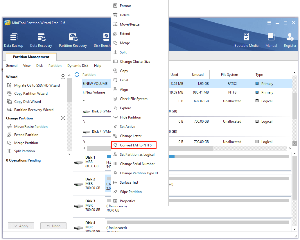 convert FAT to NTFS using MiniTool Partition Wizard