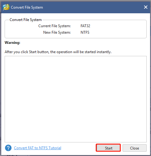 click Start to convert FAT to NTFS