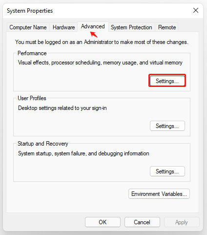 click Settings in System Properties