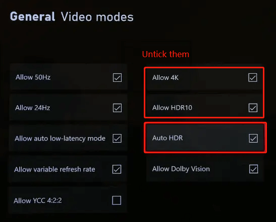 disable HDR on Xbox