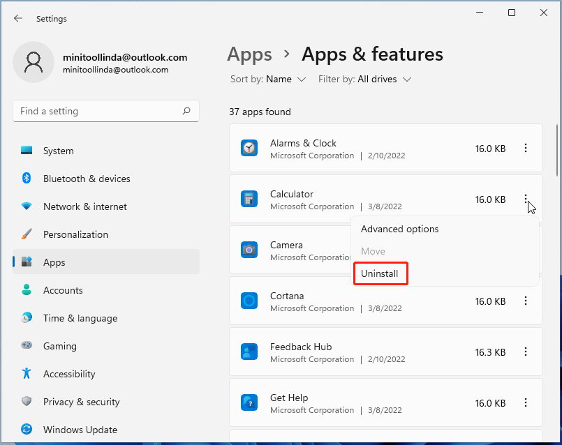 uninstall apps Windows 11