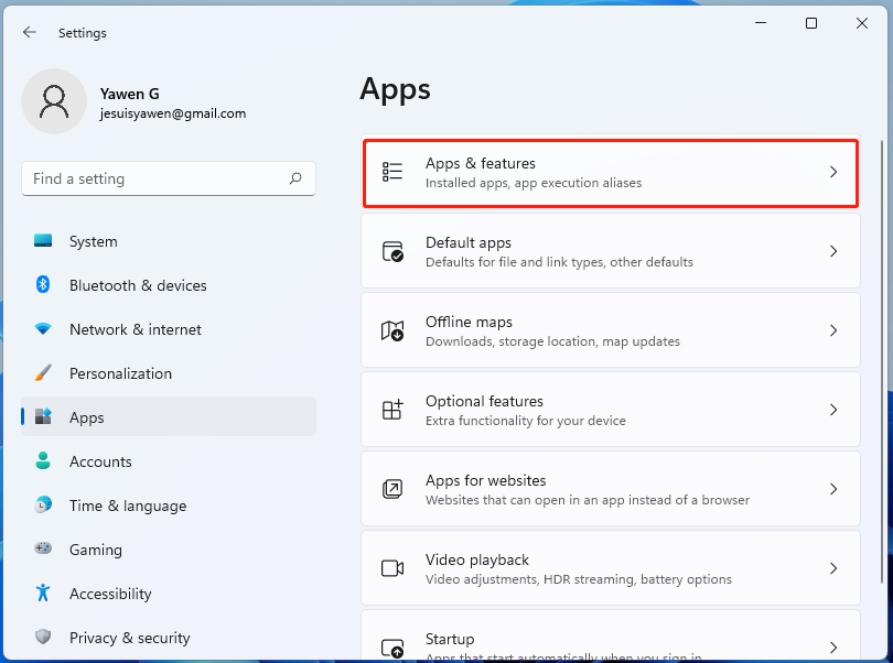 select Apps and Features in Windows 11