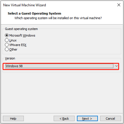 create a Windows 98 VM
