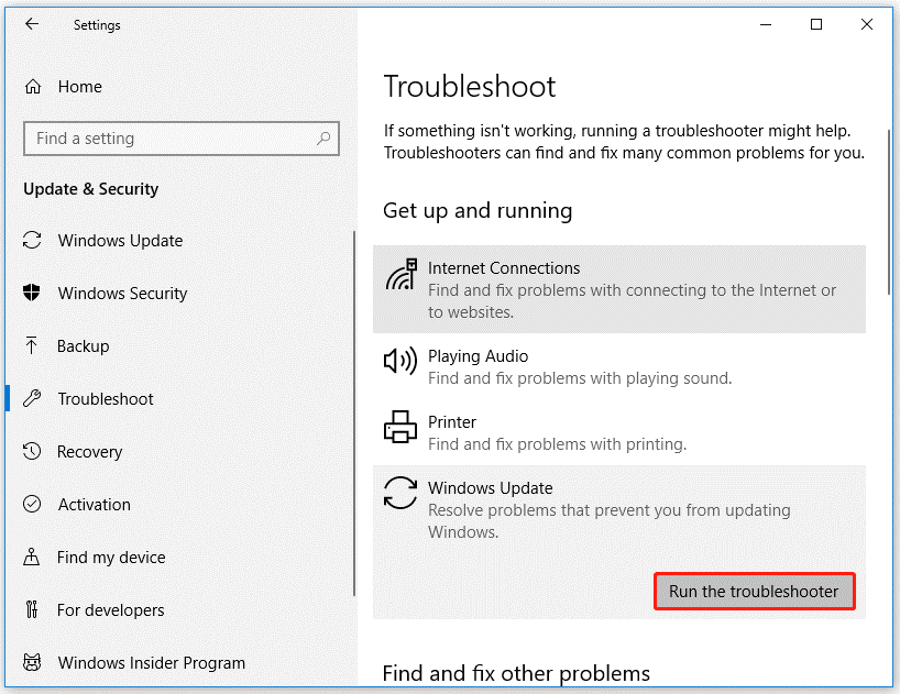 click on the Run the troubleshooter button