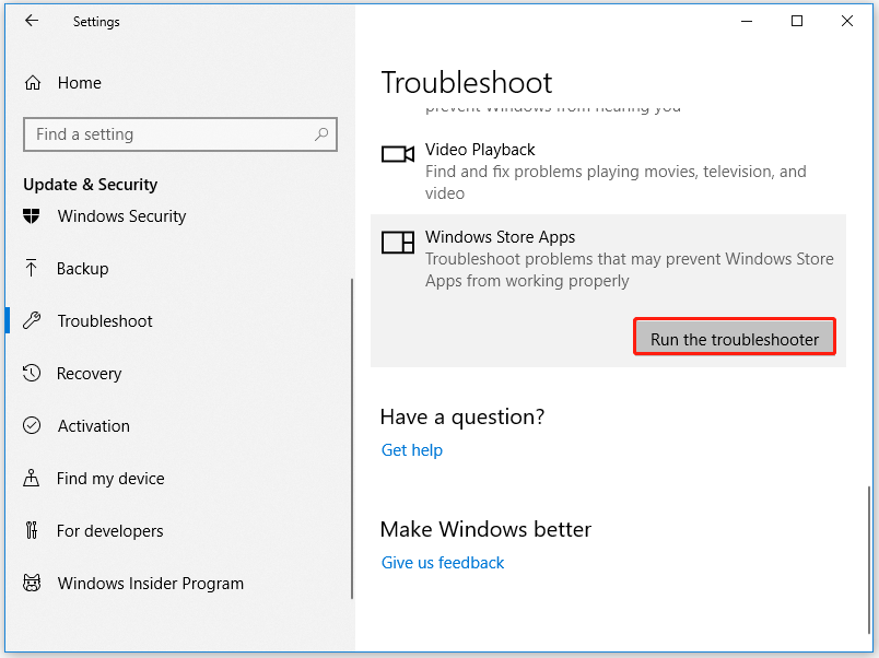 run Microsoft Store Apps troubleshooter
