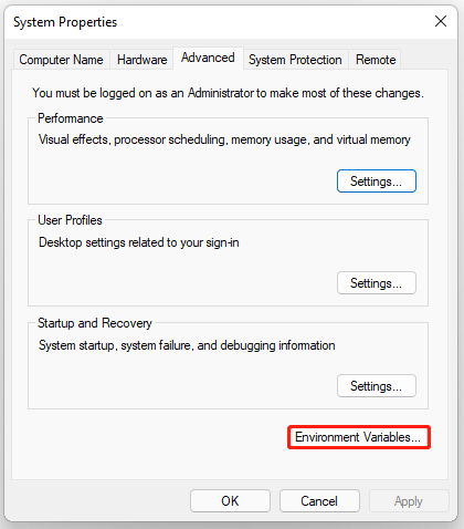 click the Environment Variables