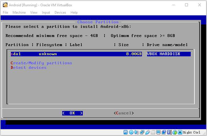 select a partition to install Android