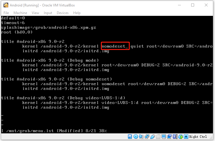 edit the menu.lst file