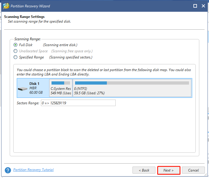 select scanning range