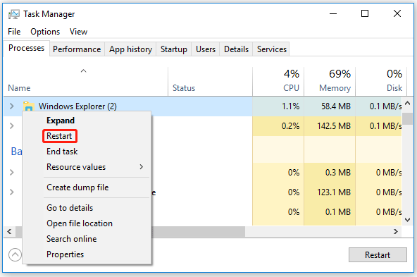 click on the Restart option