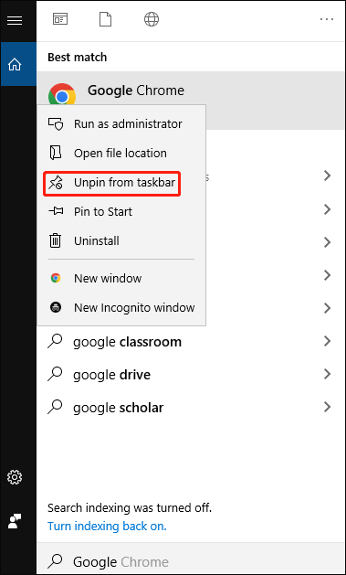 select the Unpin from taskbar option