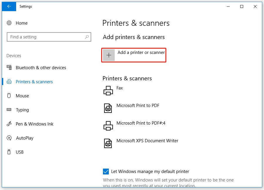 click on the Add a printer or scanner option