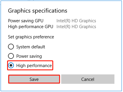 select High performance and click the Save button