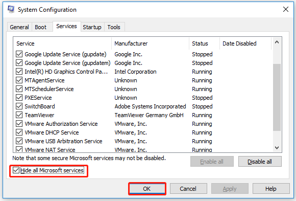 check the Hide all Microsoft services box