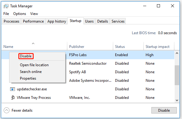 disable each item in Task Manager