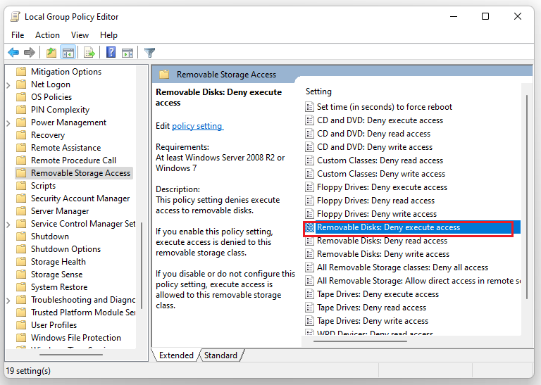 Double-click on the Removable Disks on the right pane: Deny execute access
