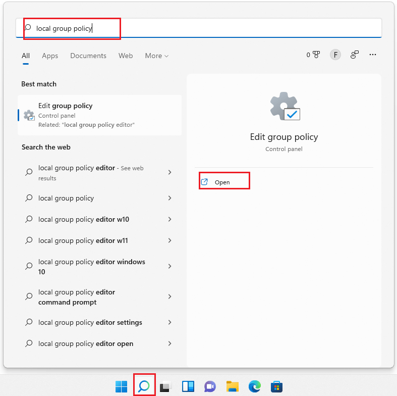 search and open local group policy