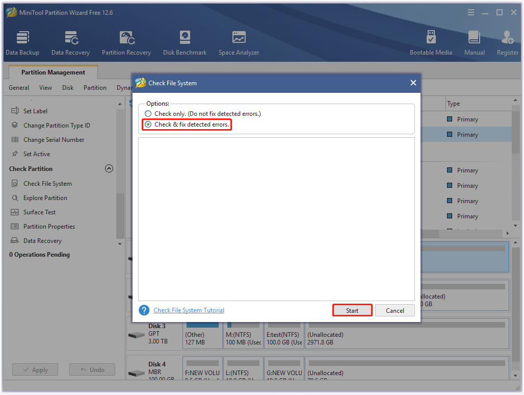 Check the Check & fix detected errors