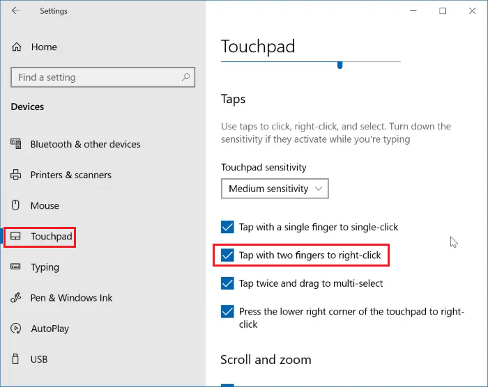 check the Tap with two fingers to right-click box
