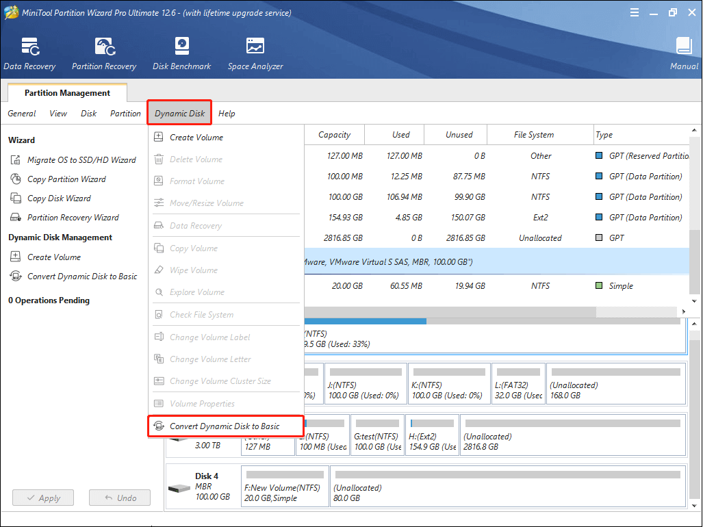 Choose Convert Dynamic Disk to Basic