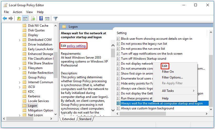 Choose to edit policy setting