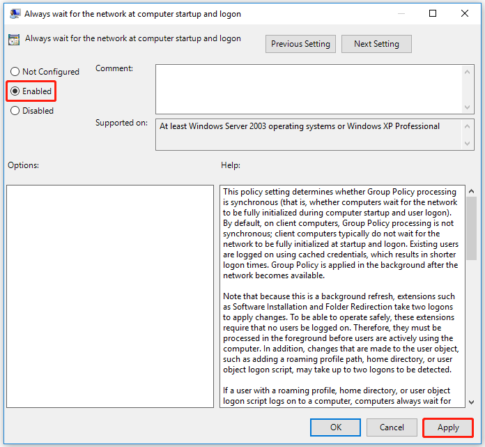 Check the Enabled option
