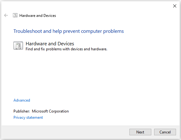 open the Hardware and Devices troubleshooter window