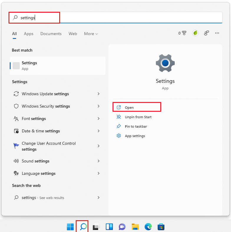 open the Settings app by Search