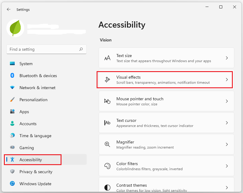 click Visual Effects on the interface of Accessibility
