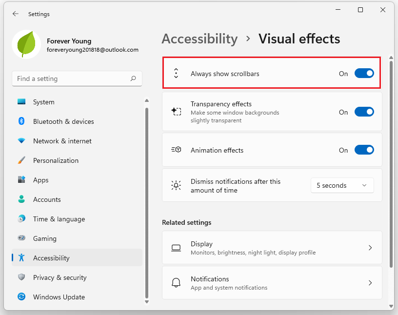 toggle on Always show scrollbars