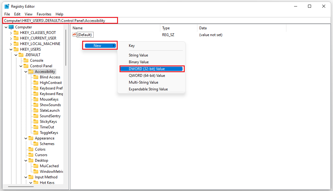 navigate to Accessibility and create a new DWORD file