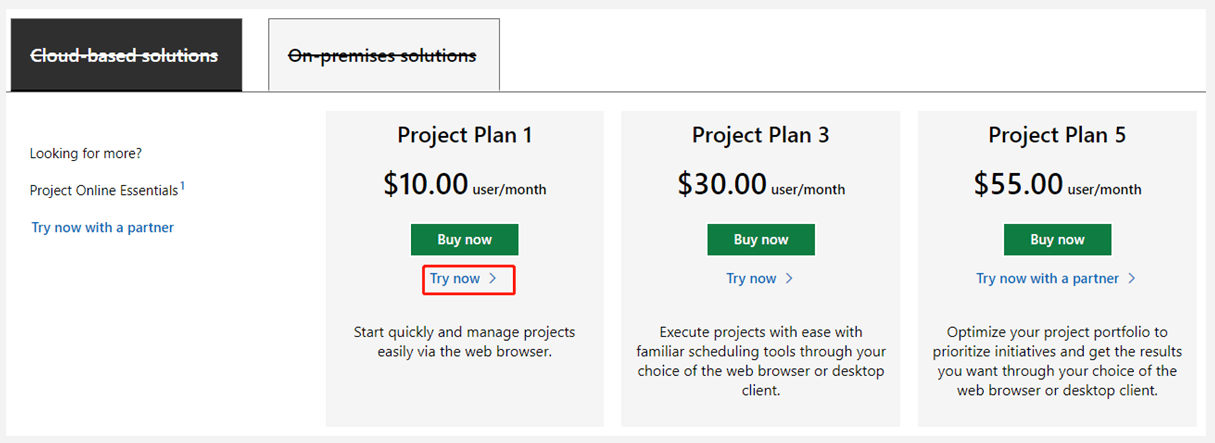 click Try now on the MS Project download page