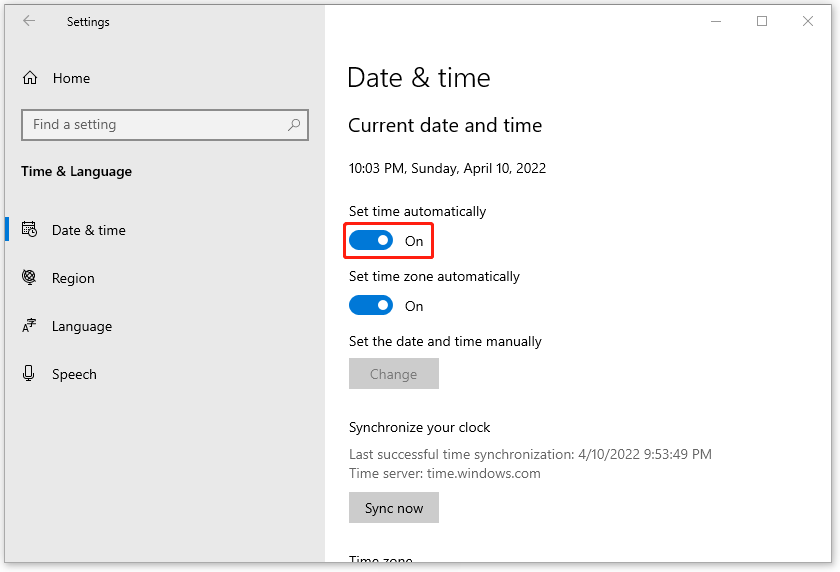 Enable Set time automatically