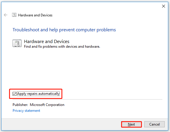 Enable Apply repairs automatically and click Next