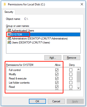 check all the Allow boxes of SYSTEM