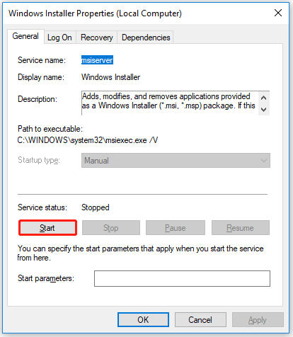 start the Windows Installer service