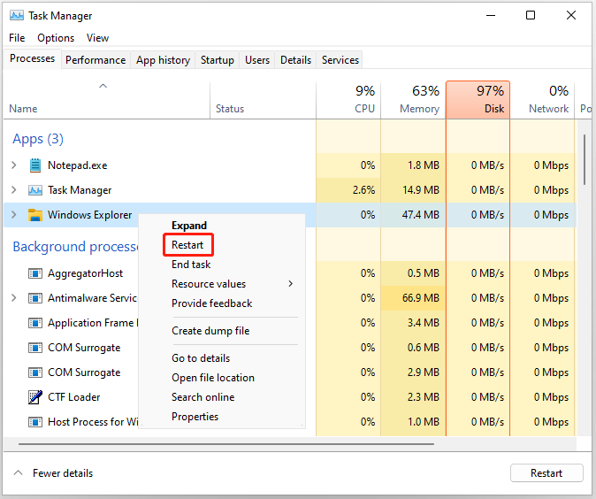 restart Windows Explorer