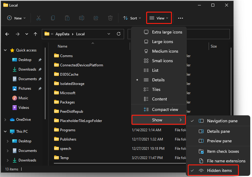 show hidden items